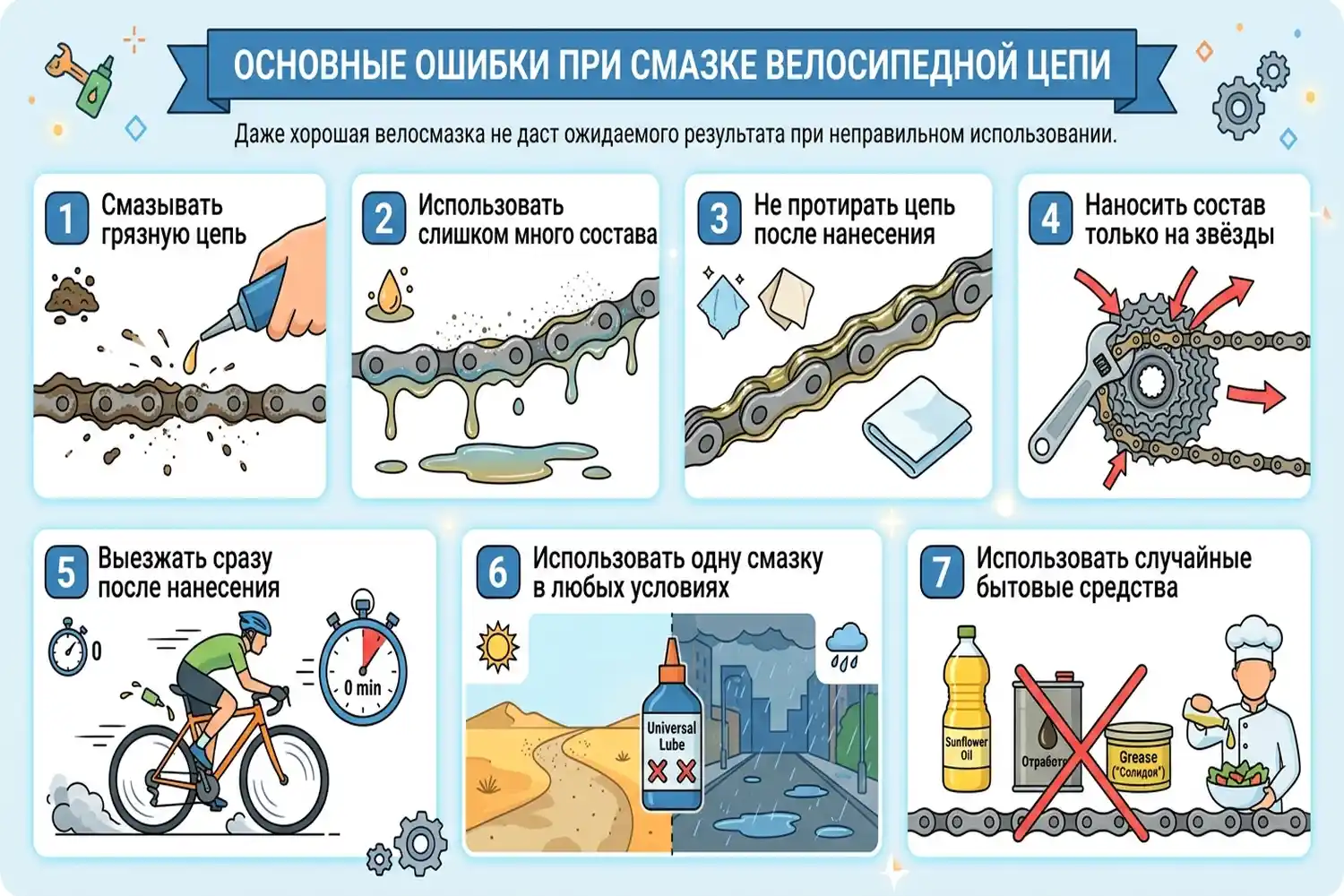 основные ошибки при смазке велосипедной цепи